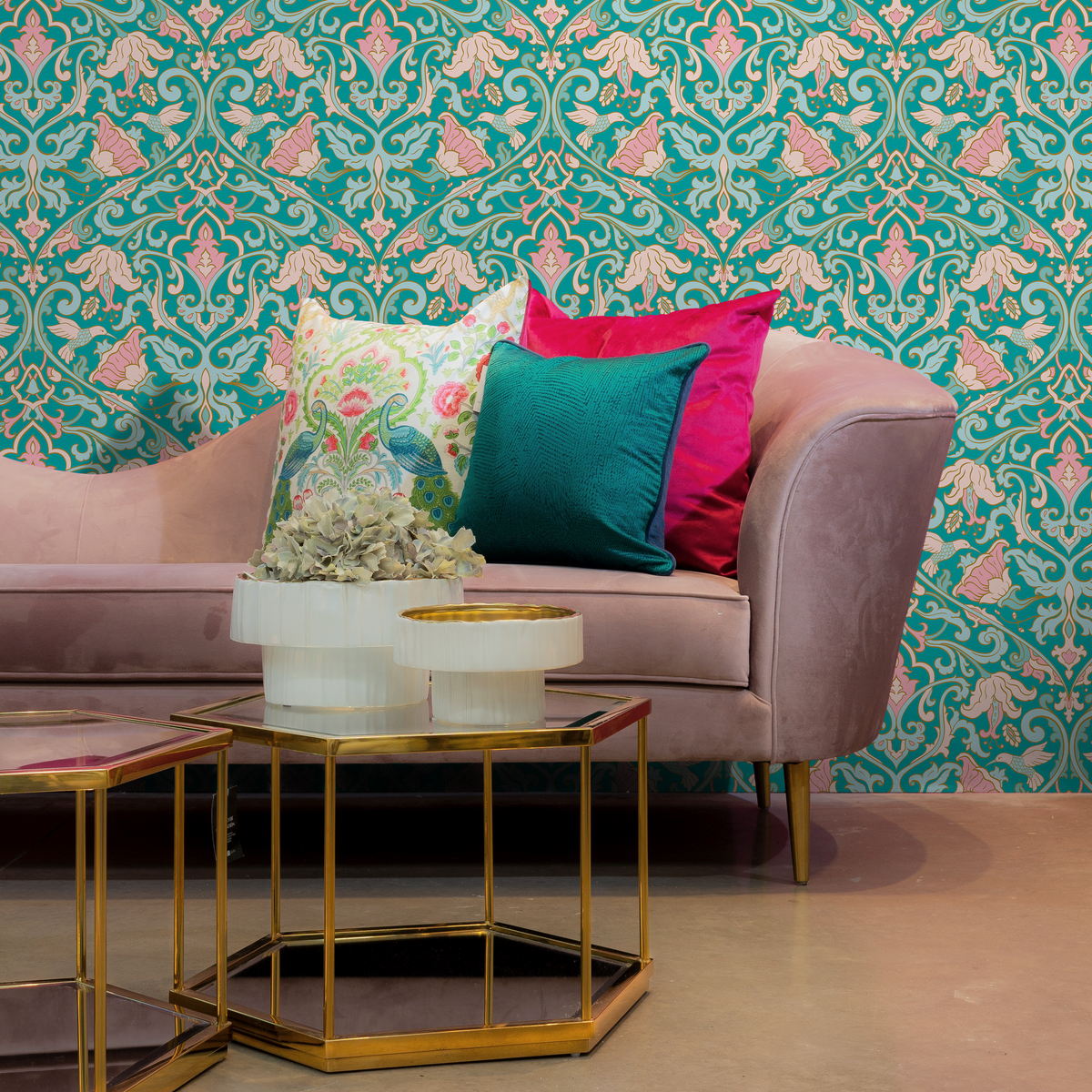 Floral Damask Wallpaper with a Bird and Vine Motif in Turquoise and Pink - detail view
