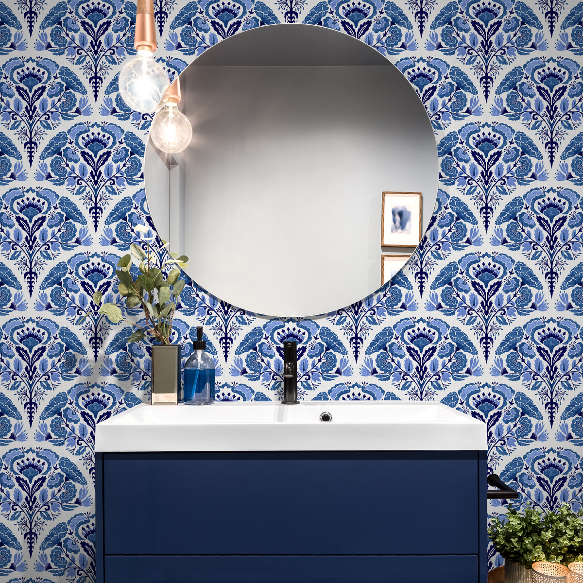 Damask Wallpaper with a Mediterranean Floral Motif in Blue - detail view