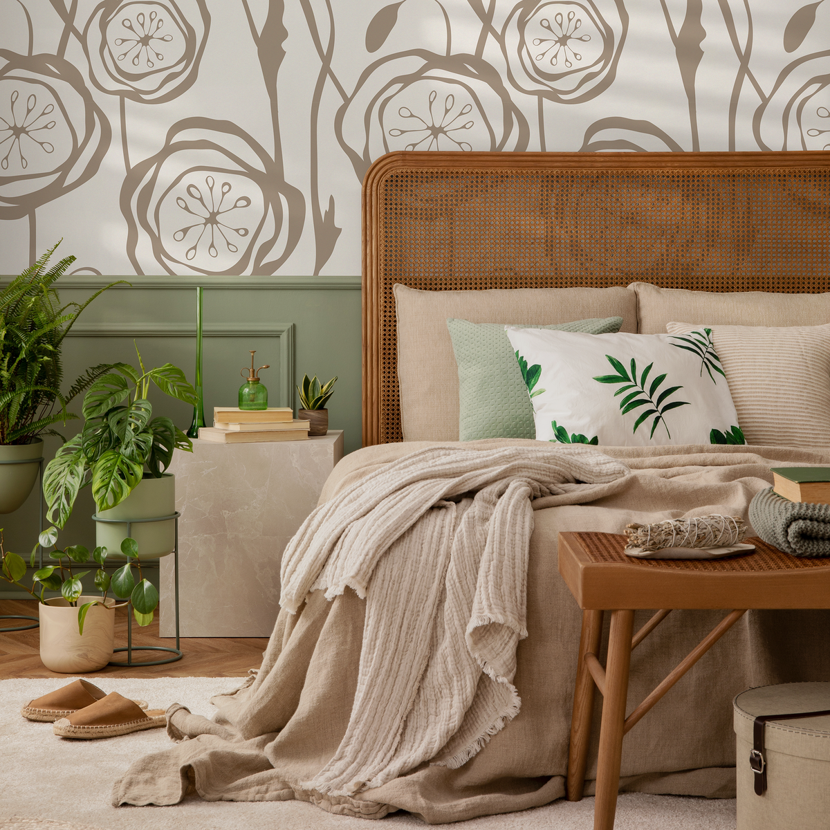 Floral Wallpaper with a Bold Poppy Outline in Taupe - detail view