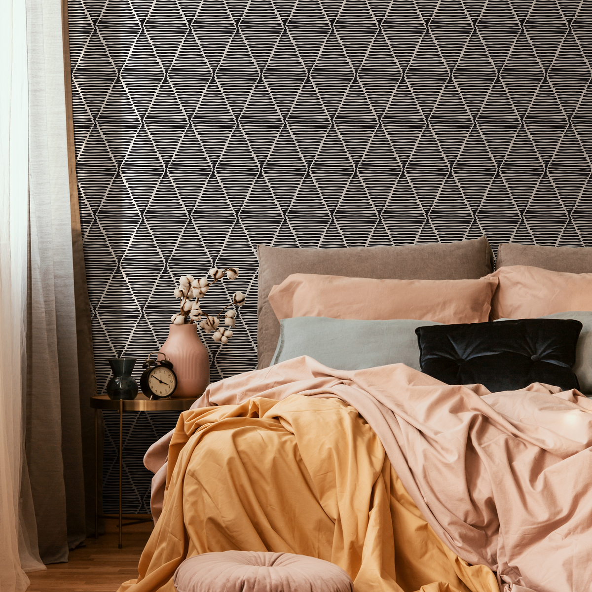 Geometric Wallpaper with Sketched Diamond Shapes in Black and Off-White - detail view