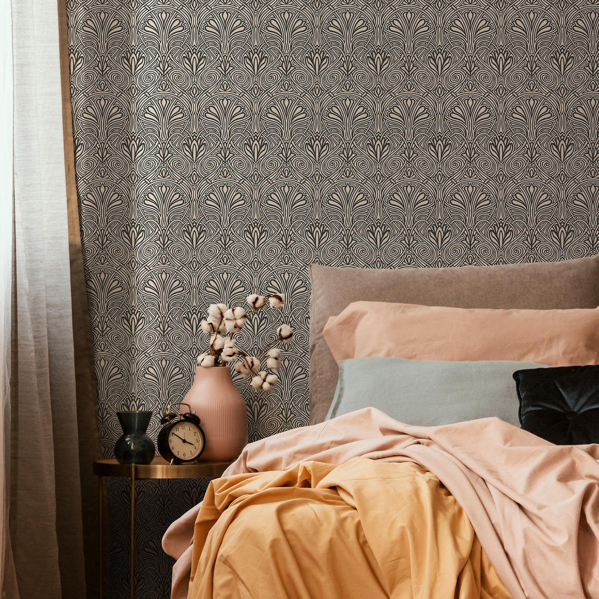 Art Nouveau Wallpaper with an Elegant Fan Motif in Black and Beige - detail view