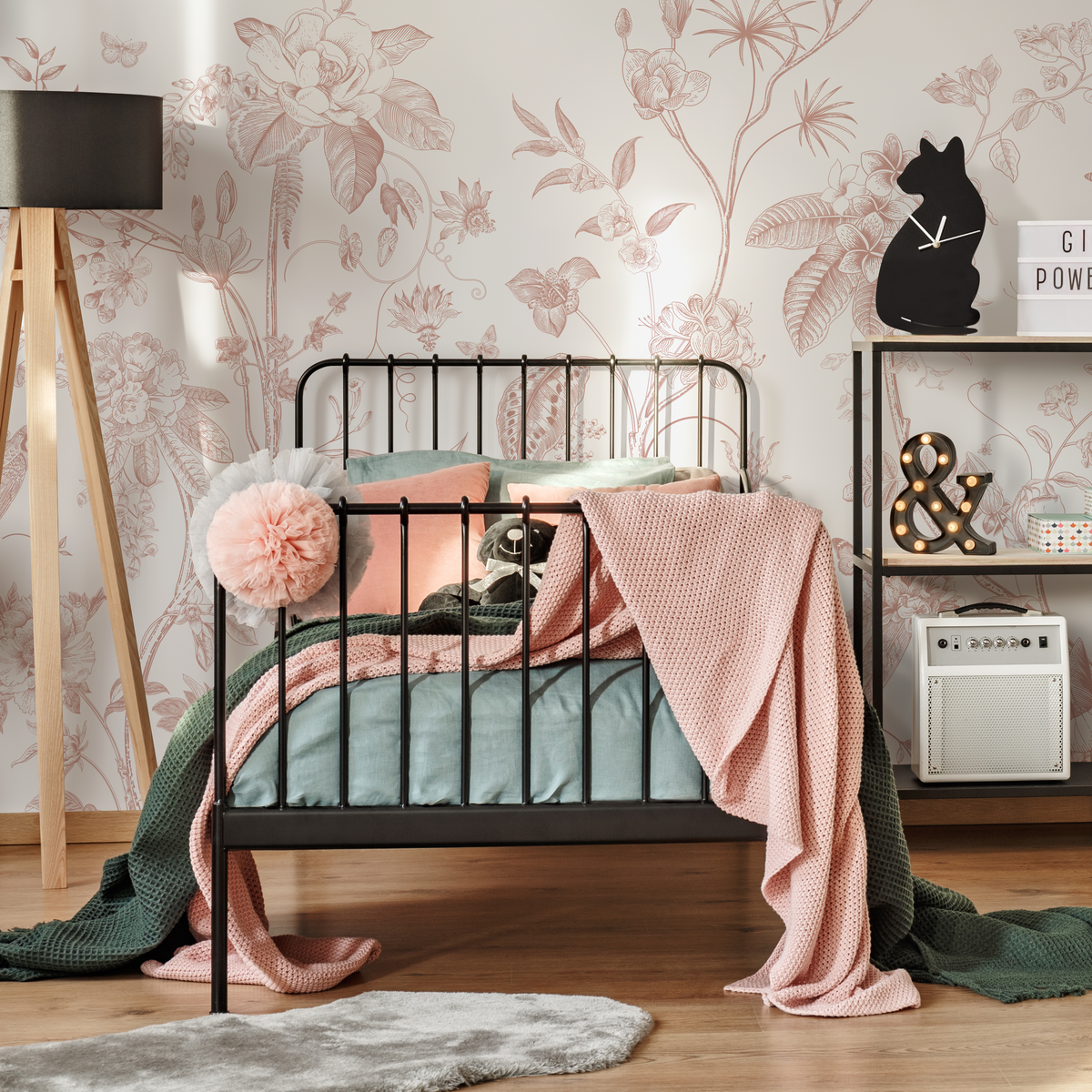 Botanical Wallpaper featuring Hand-Drawn Flowers and Butterflies in Dusty Pink Rose - detail view