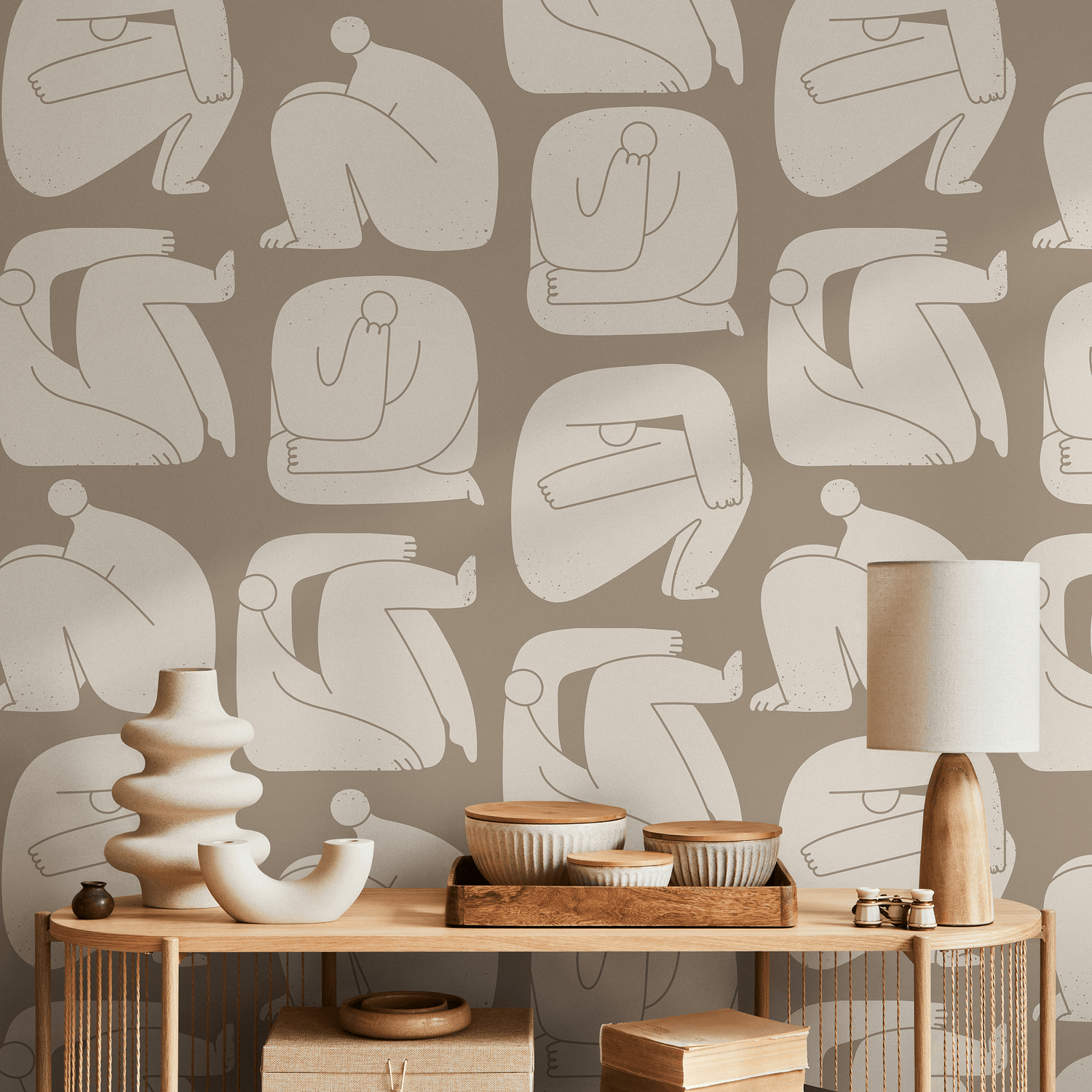 Abstract Wallpaper with Stylized Human Figures in Taupe and Beige - C242