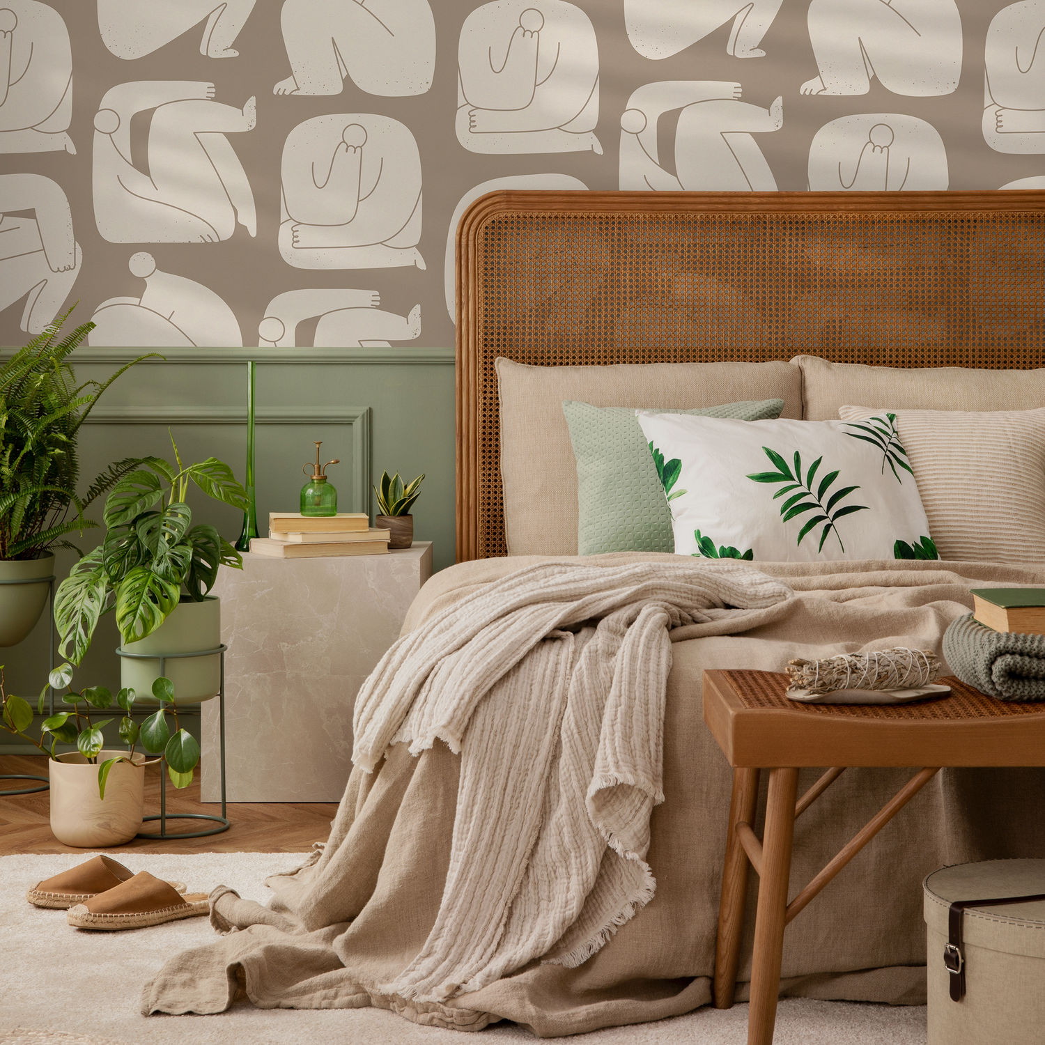 Abstract Wallpaper with Stylized Human Figures in Taupe and Beige - C242