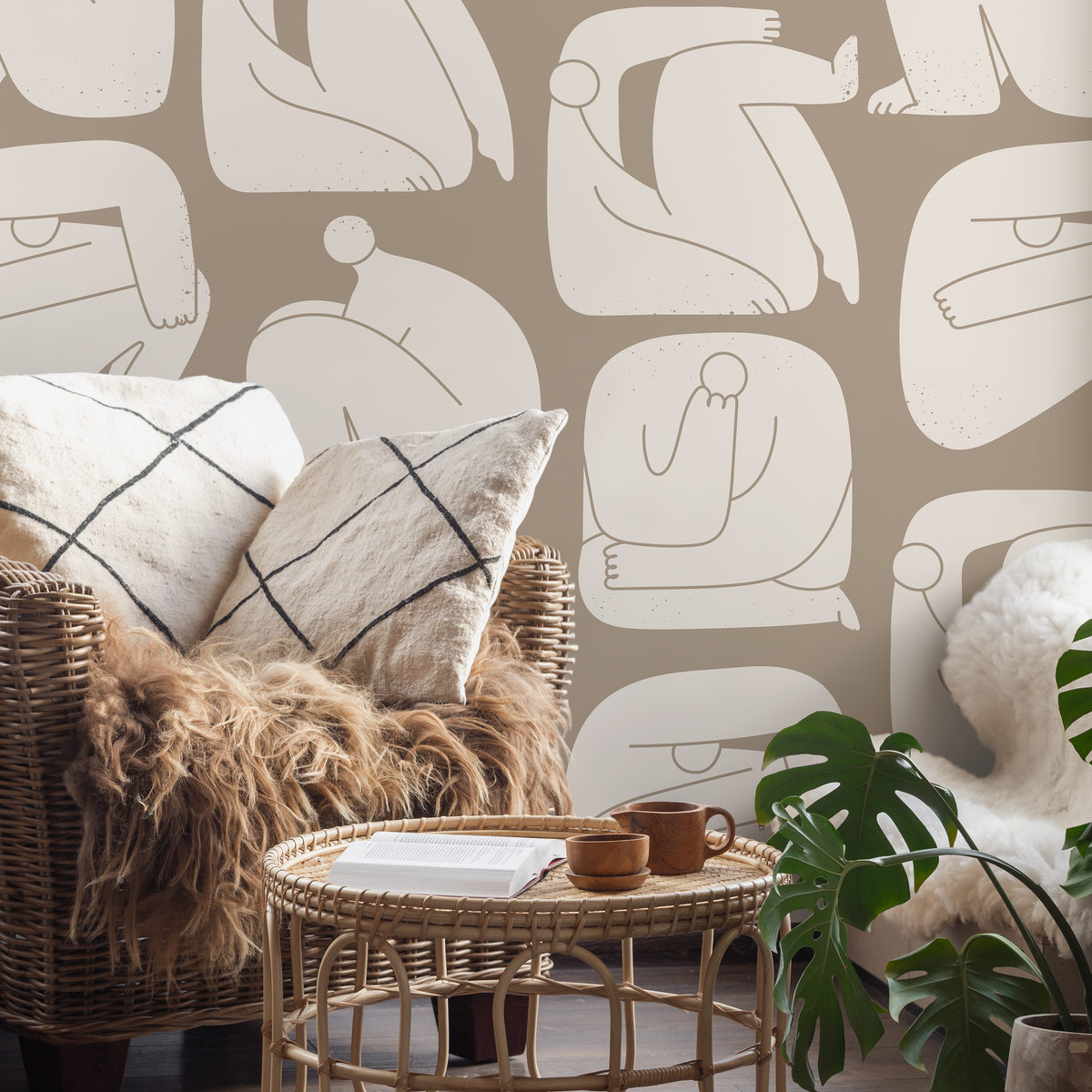 Modern Wallpaper with Stylized Human Figures in Taupe and Beige - detail view