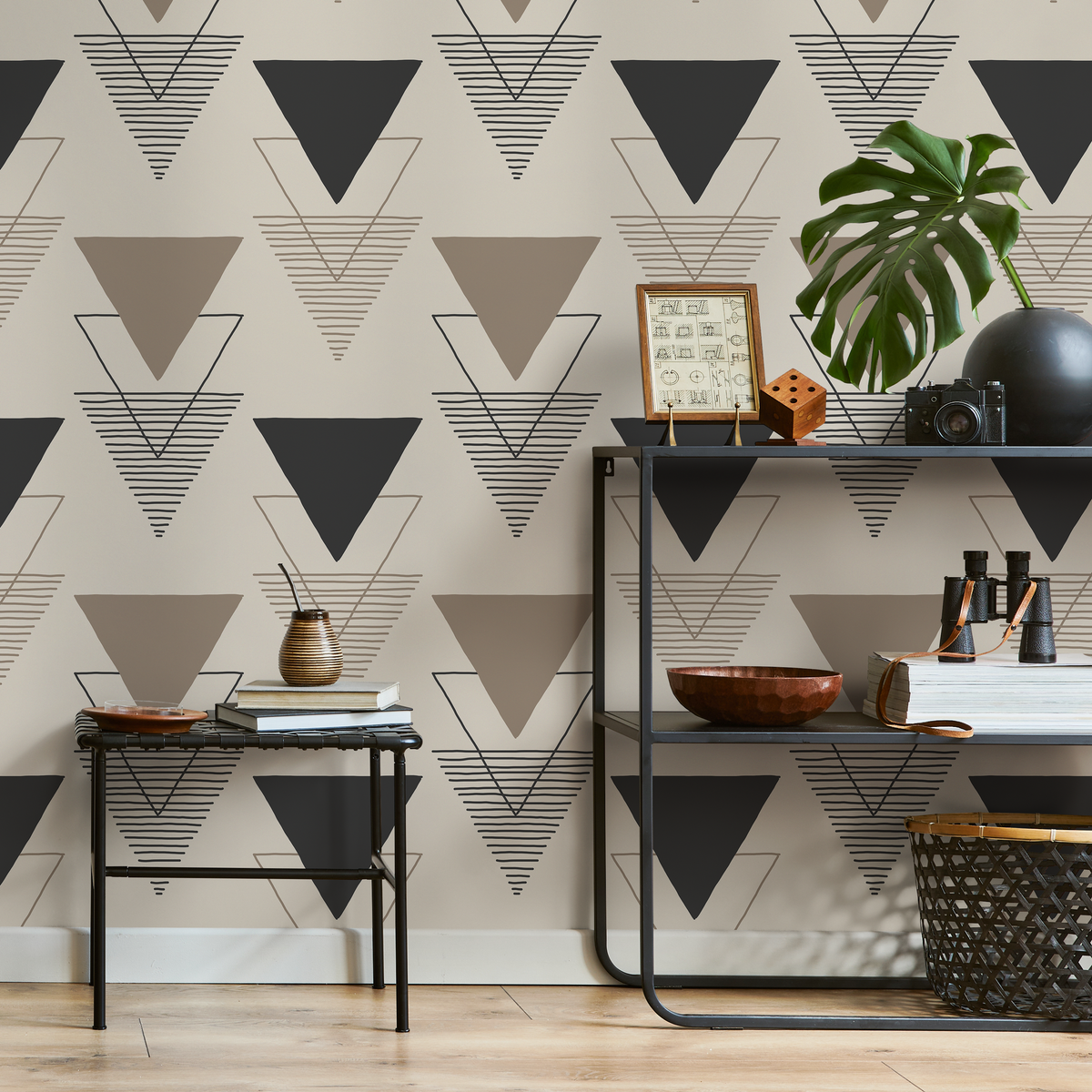 Geometric Wallpaper with Layered Triangle Motifs in Black, Taupe, and Cream - detail view