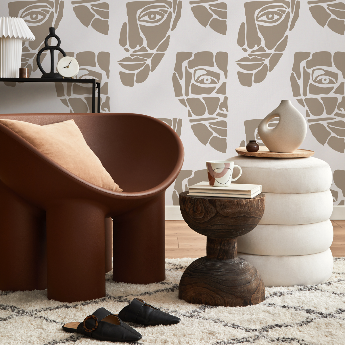 Abstract Wallpaper with a Modern Face Motif in Taupe Brown - detail view