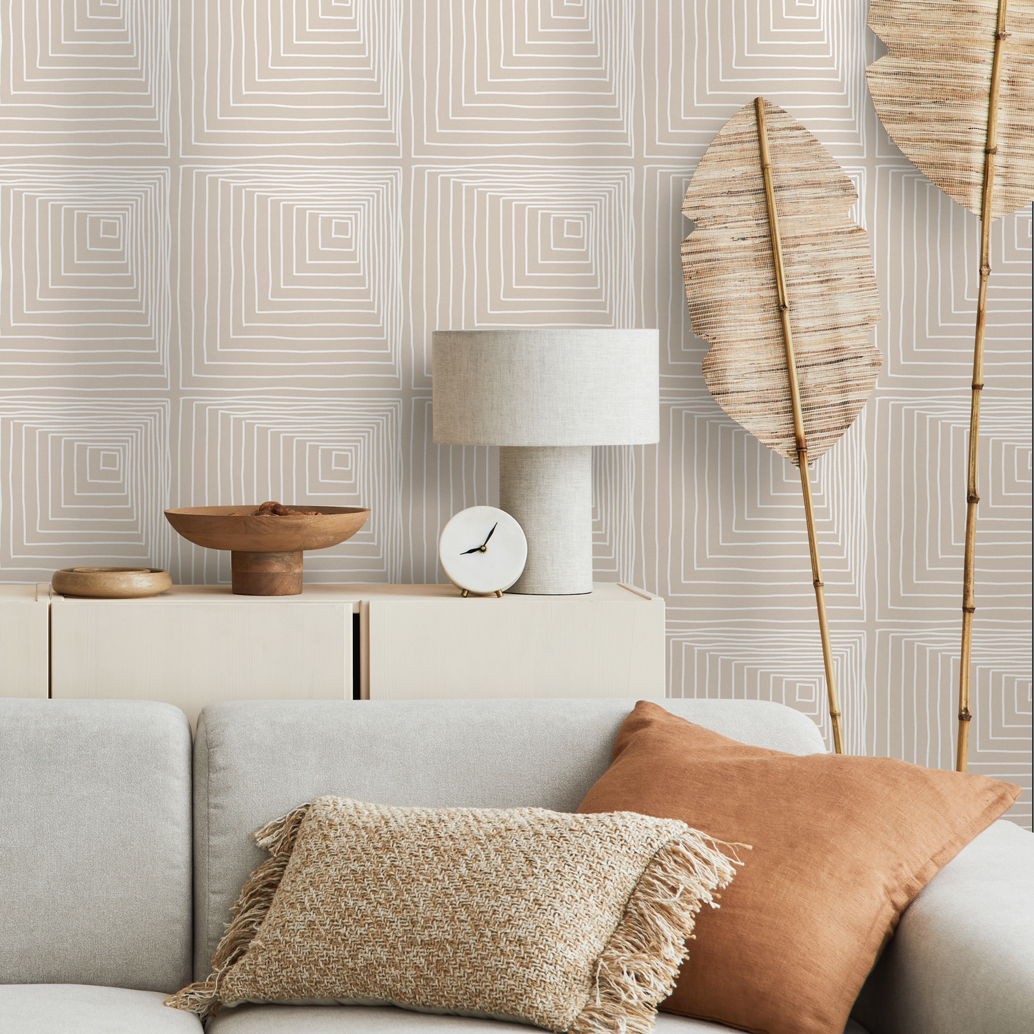 Geometric Minimalist Wallpaper with Hand-Drawn Squares in Beige and White - C247