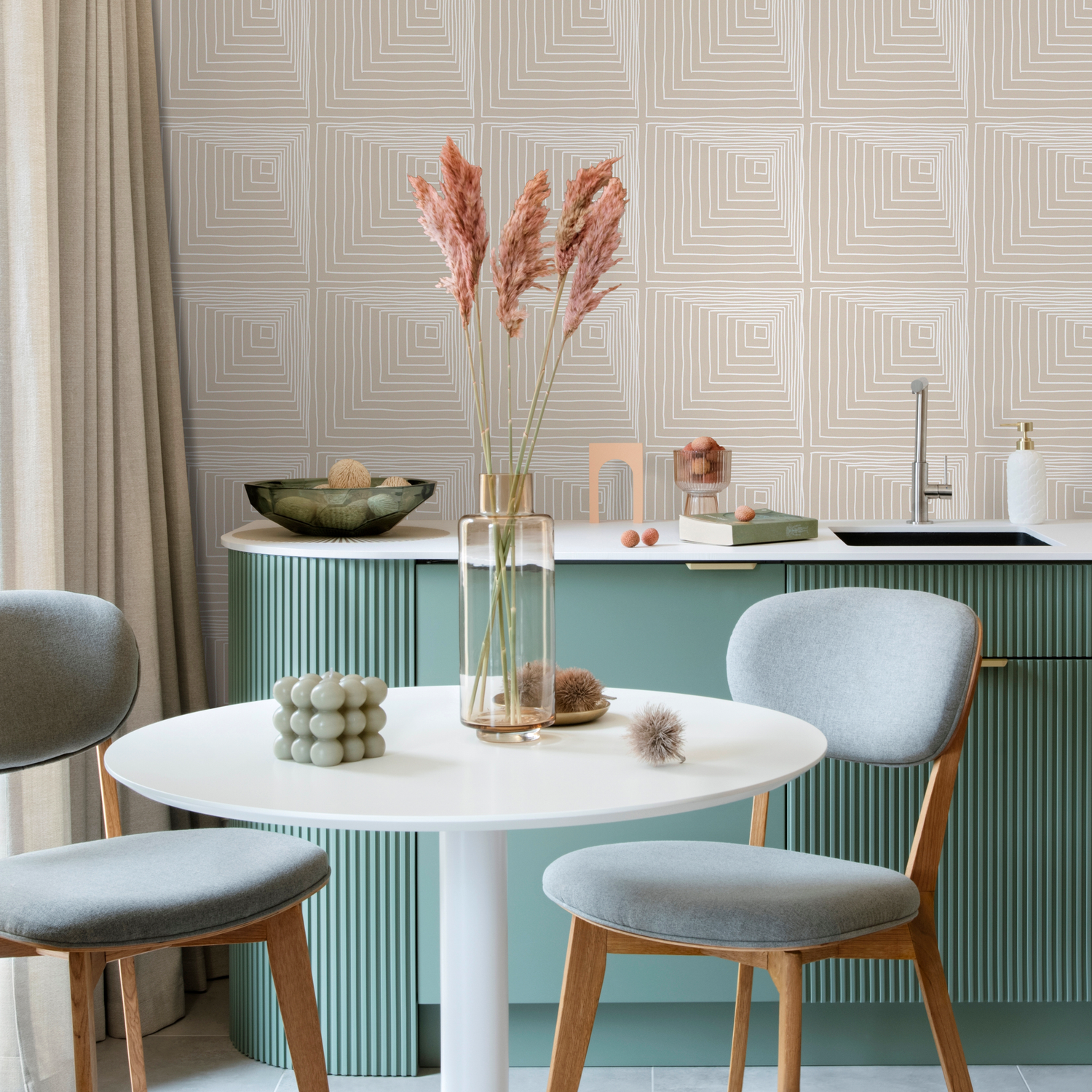Geometric Wallpaper with Hand-Drawn Squares in Beige and White - C247