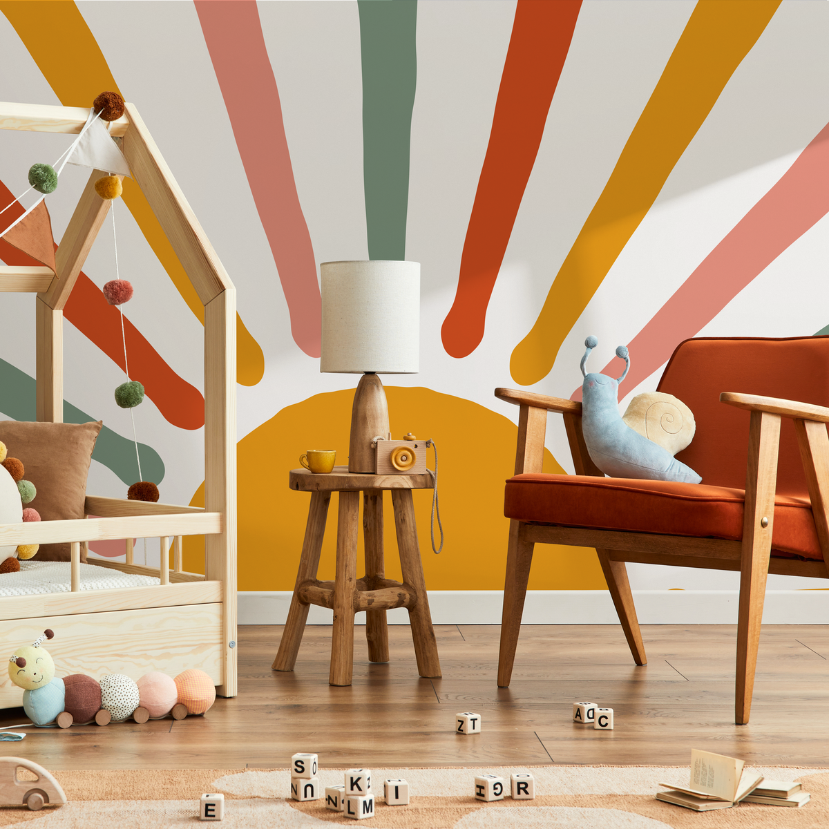 Retro Sun Wallpaper with Abstract Rays in Mustard, Pink, and Green - detail view