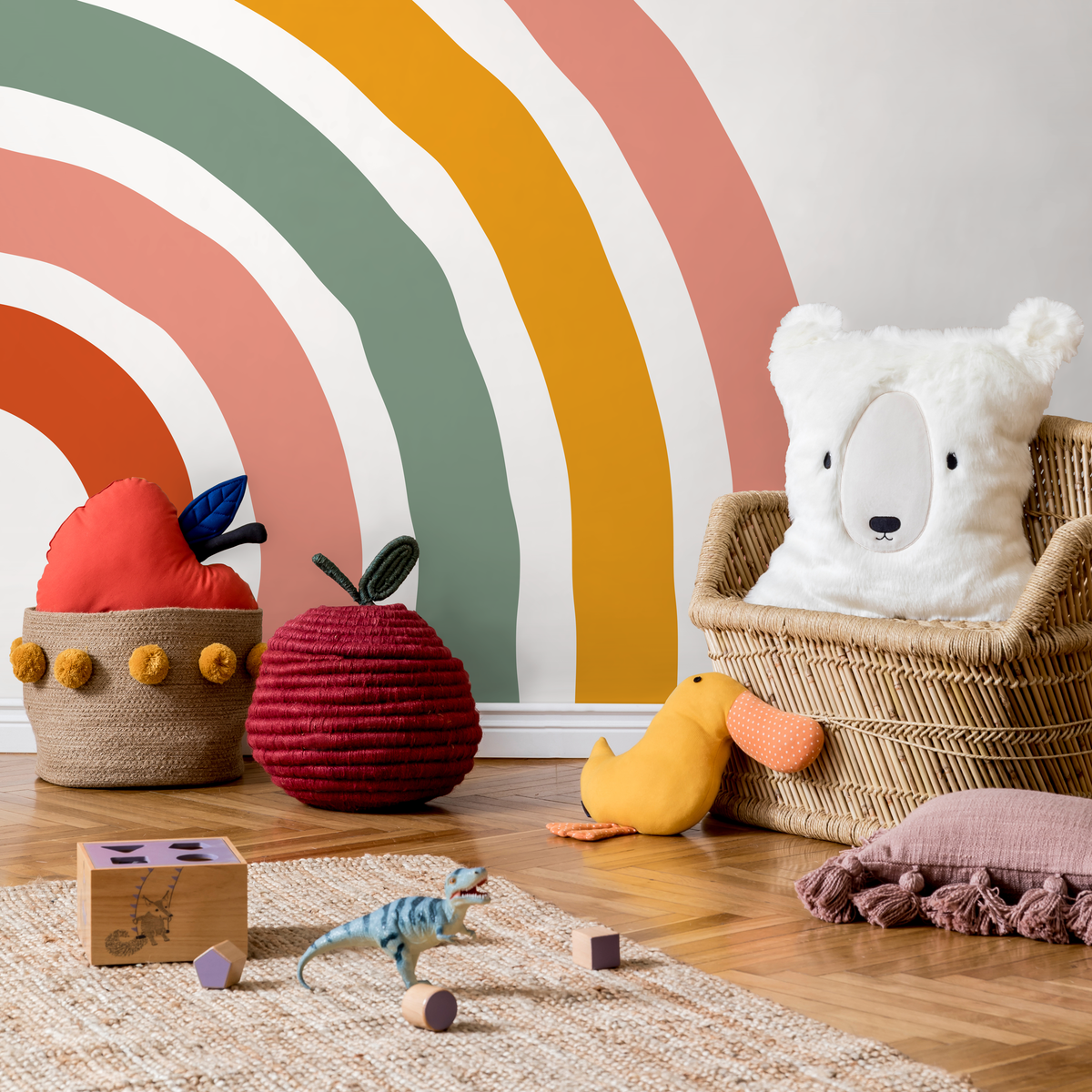 Nursery Wallpaper with a Hand-Drawn Rainbow in Orange, Green, and Pink - detail view