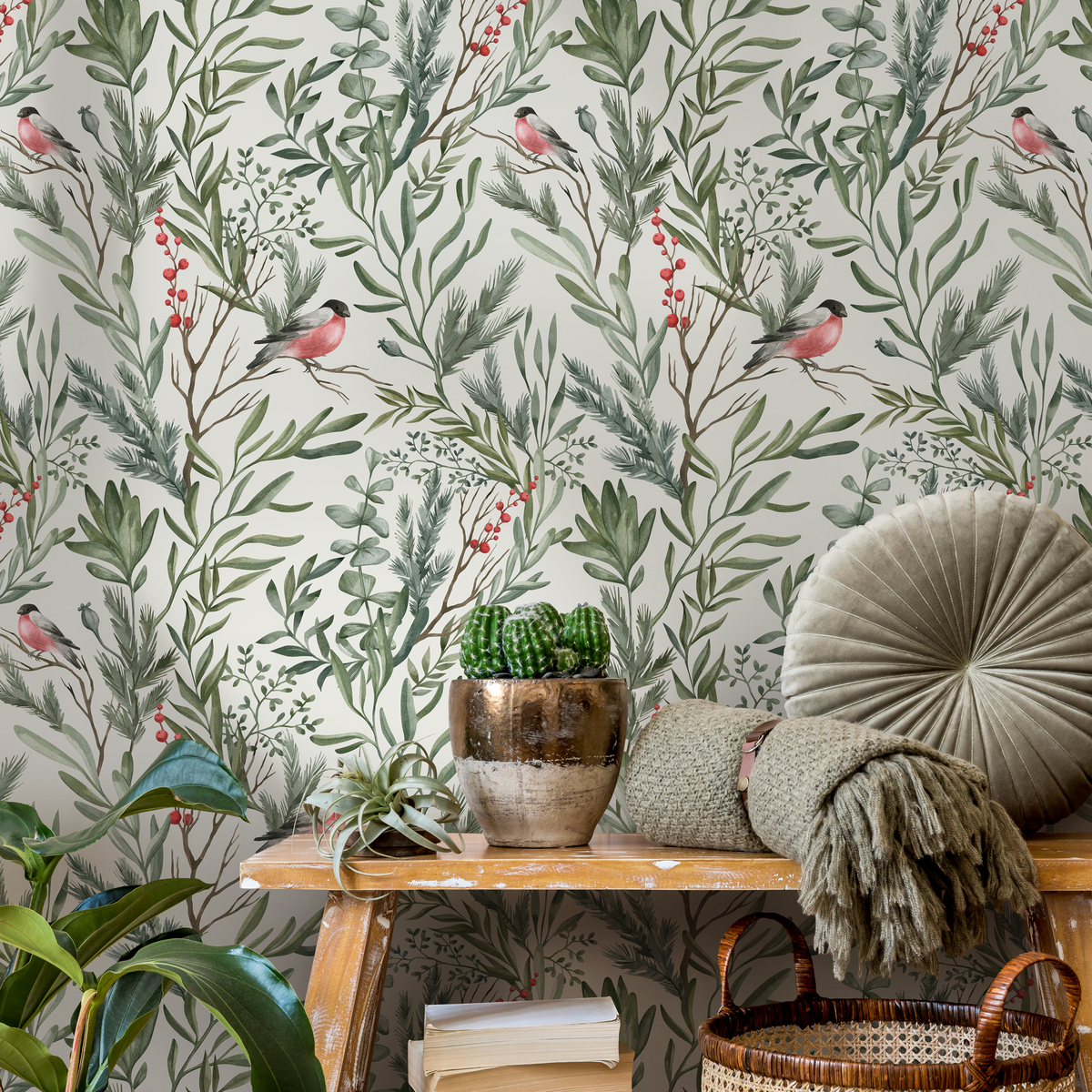 Botanical Wallpaper with Bullfinches and Foliage in Green, Red, and Pink - detail view