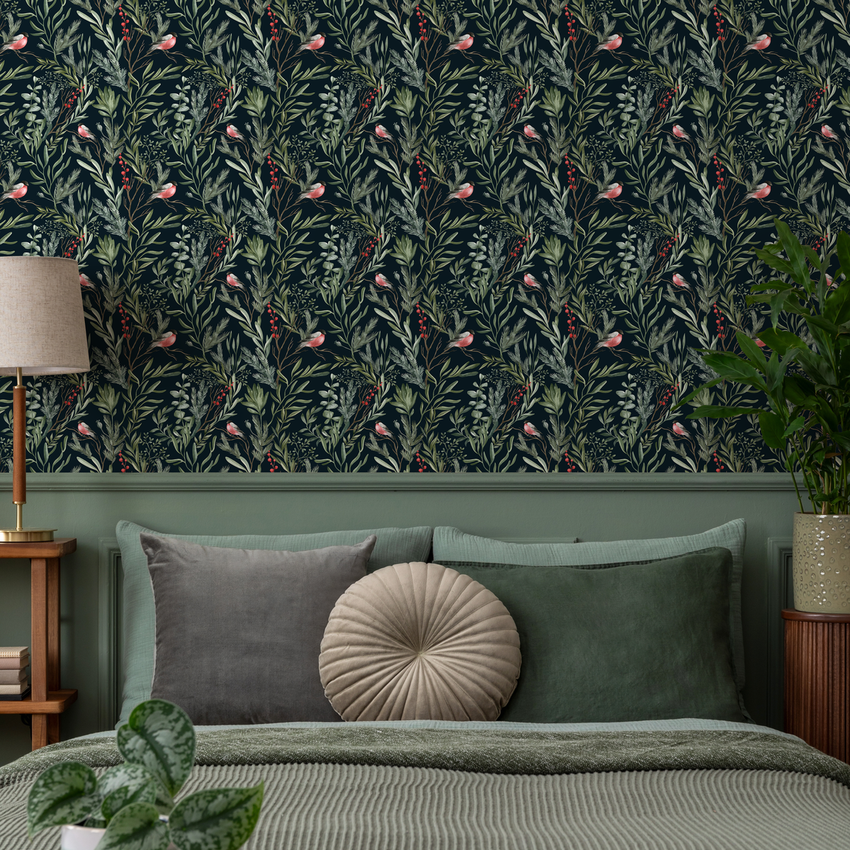Chinoiserie Wallpaper with Birds and Berries in Green and Red on Black - detail view