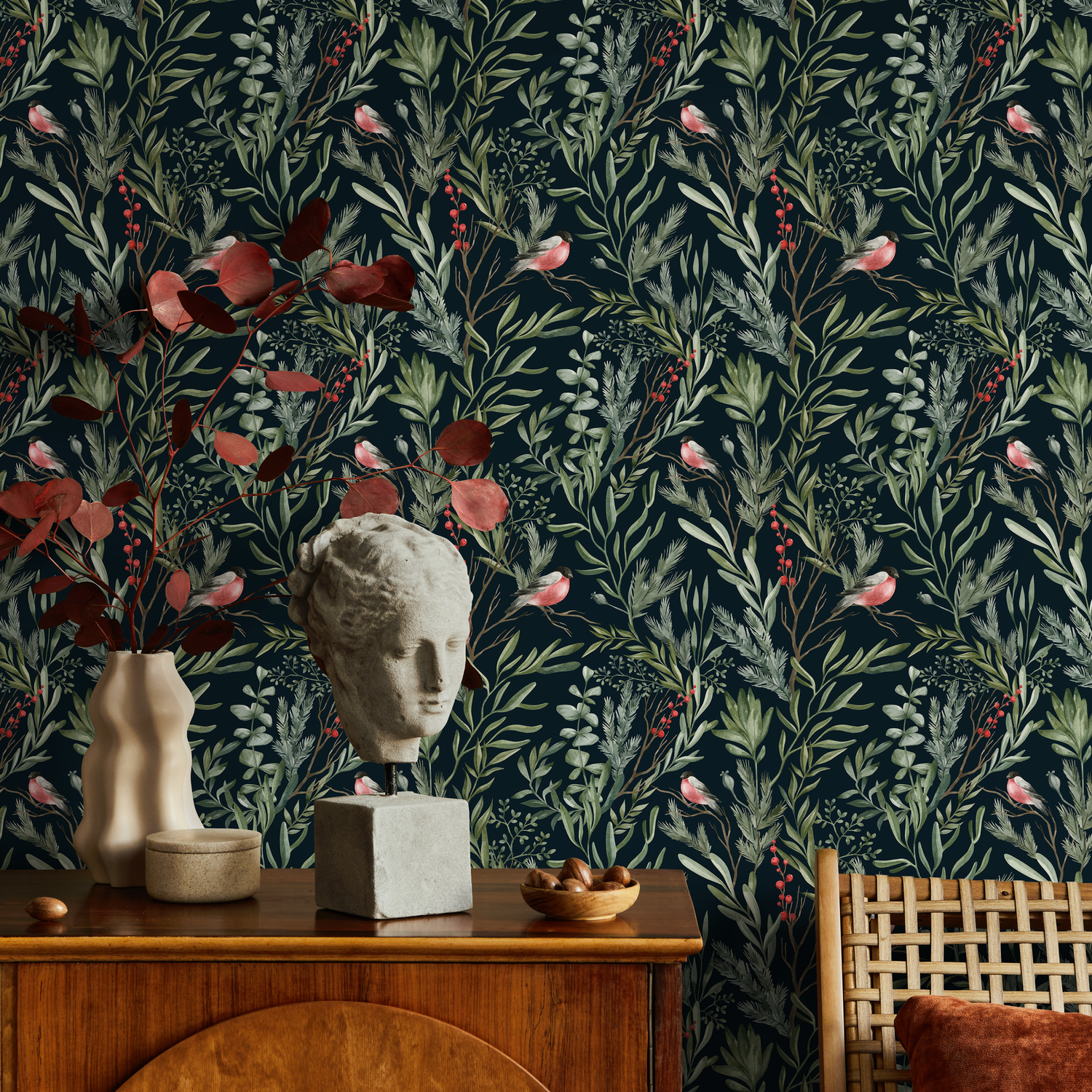 Chinoiserie Wallpaper with Birds and Berries in Green and Red on Black - C253