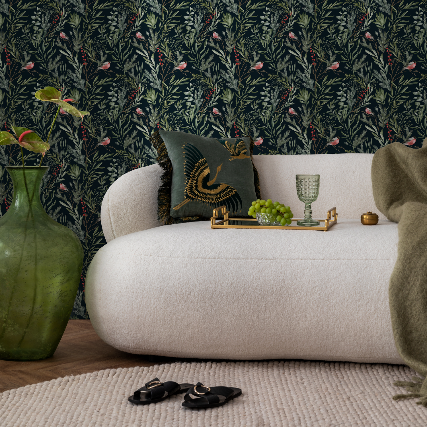 Chinoiserie Wallpaper with Birds and Berries in Green and Red on Black - C253