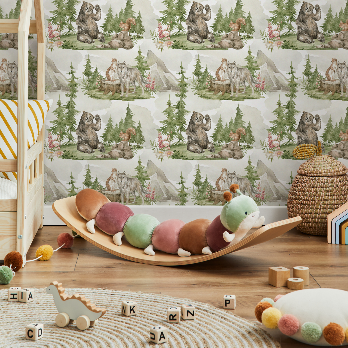 Woodland Wallpaper with Bears and Wolves in a Forest in Green, Brown, and White - detail view