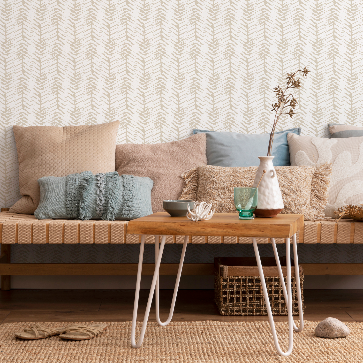 Geometric Wallpaper with a Textured Herringbone Motif in Beige - C255