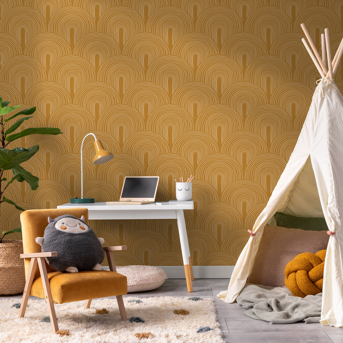 Geometric Wallpaper with a Scalloped Arch Motif in Mustard and White - detail view