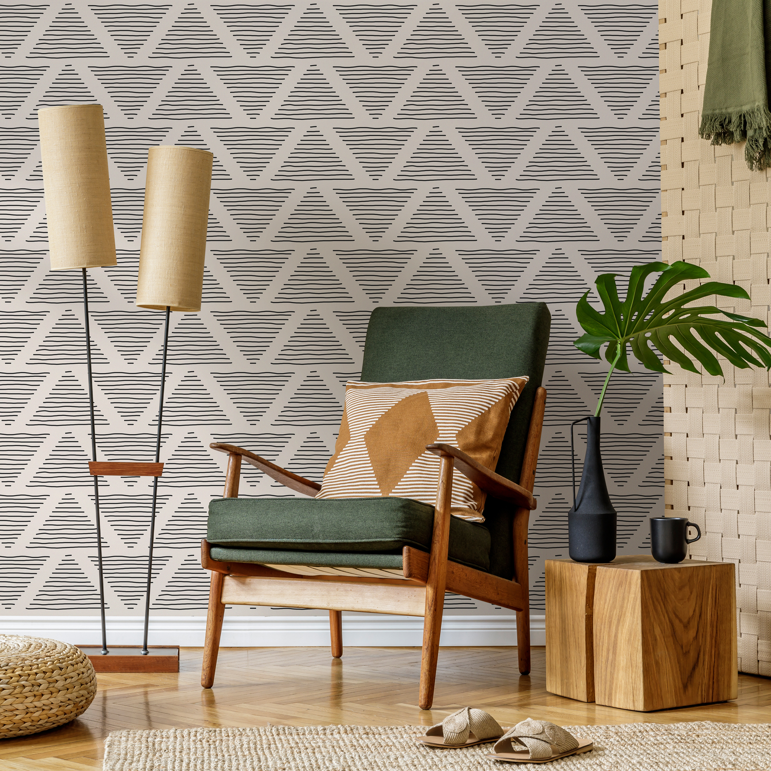 Papel tapiz autoadhesivo, papel tapiz removible, decoración de pared, decoración del hogar, arte de pared imprimible, decoración de habitación / Triángulos geométricos beige - C258