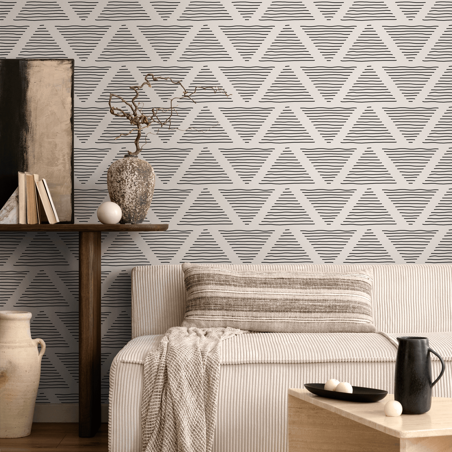 Papel tapiz autoadhesivo, papel tapiz removible, decoración de pared, decoración del hogar, arte de pared imprimible, decoración de habitación / Triángulos geométricos beige - C258