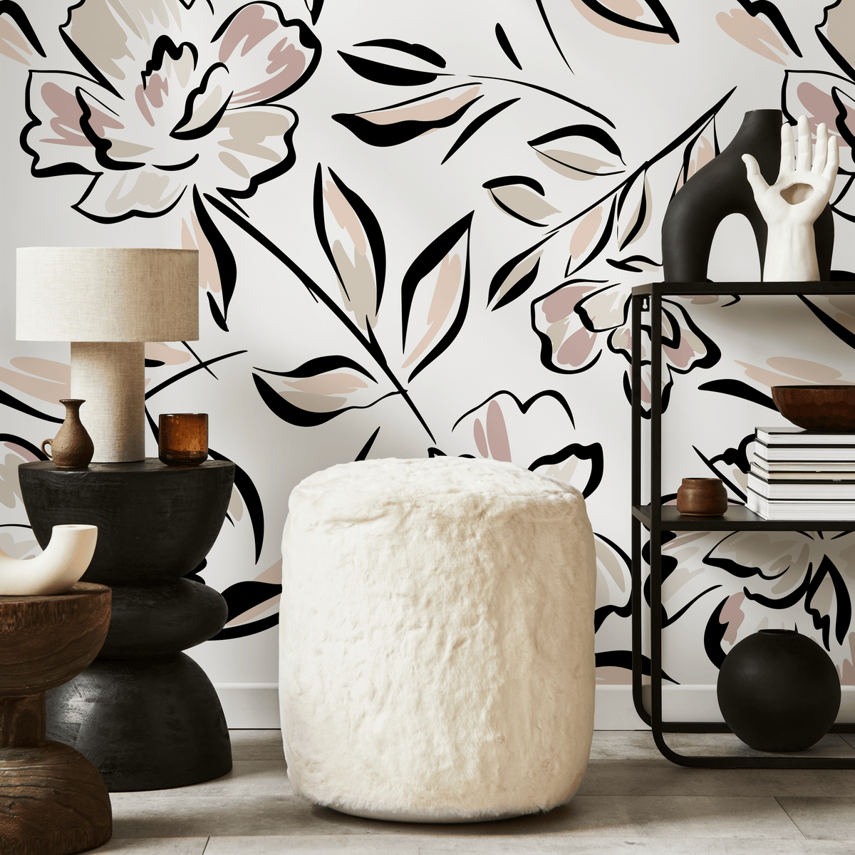 Floral Wallpaper with a Modern Sketch Motif in Black, Pink, and Beige - detail view