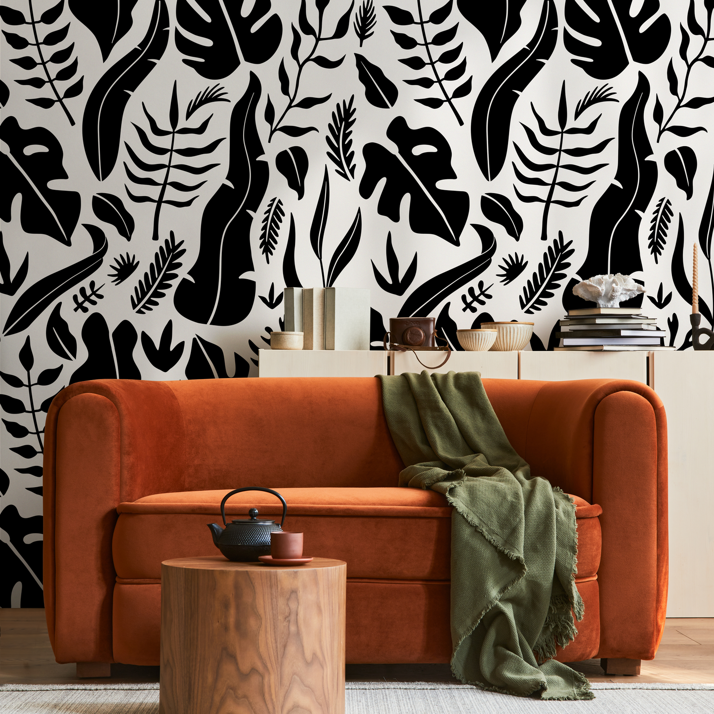 Wallpaper Peel and Stick Wallpaper Removable Wallpaper Home Decor Wall Decor Room Decor / Black and White Tropical Leaves - C261