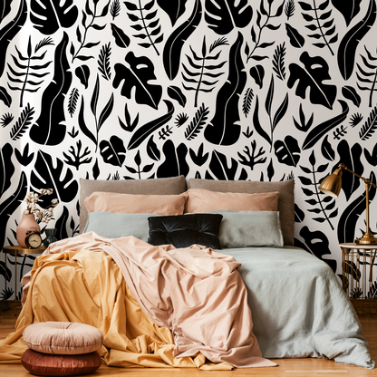 Wallpaper Peel and Stick Wallpaper Removable Wallpaper Home Decor Wall Decor Room Decor / Black and White Tropical Leaves - C261