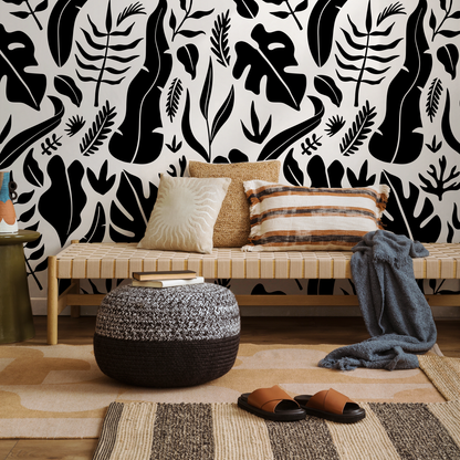 Wallpaper Peel and Stick Wallpaper Removable Wallpaper Home Decor Wall Decor Room Decor / Black and White Tropical Leaves - C261