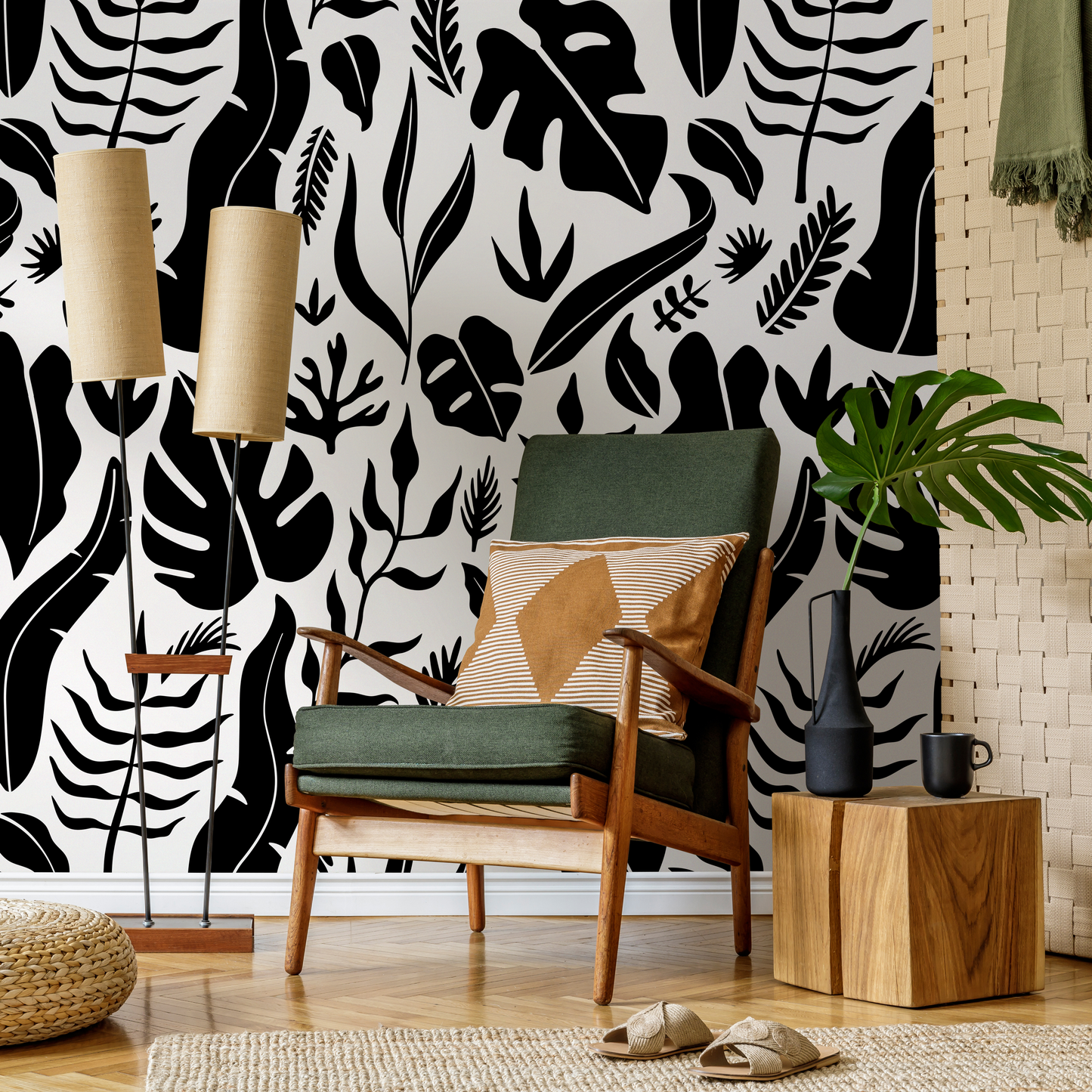 Wallpaper Peel and Stick Wallpaper Removable Wallpaper Home Decor Wall Decor Room Decor / Black and White Tropical Leaves - C261