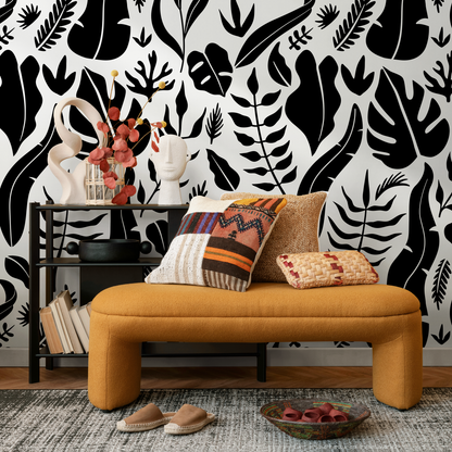 Wallpaper Peel and Stick Wallpaper Removable Wallpaper Home Decor Wall Decor Room Decor / Black and White Tropical Leaves - C261