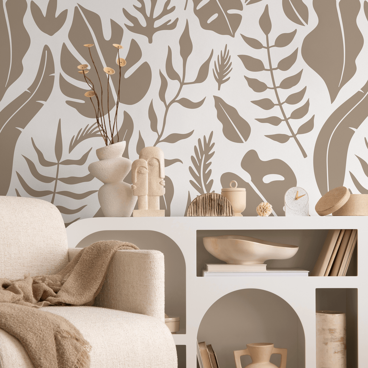 Botanical Wallpaper with Stylized Tropical Leaves in Taupe - detail view