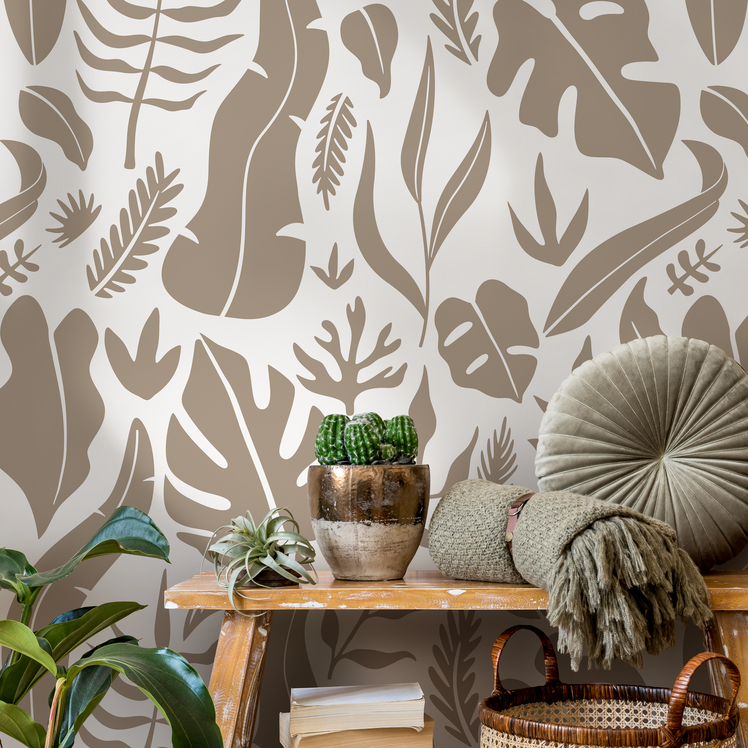 Botanical Wallpaper with Stylized Tropical Leaves in Taupe - C262