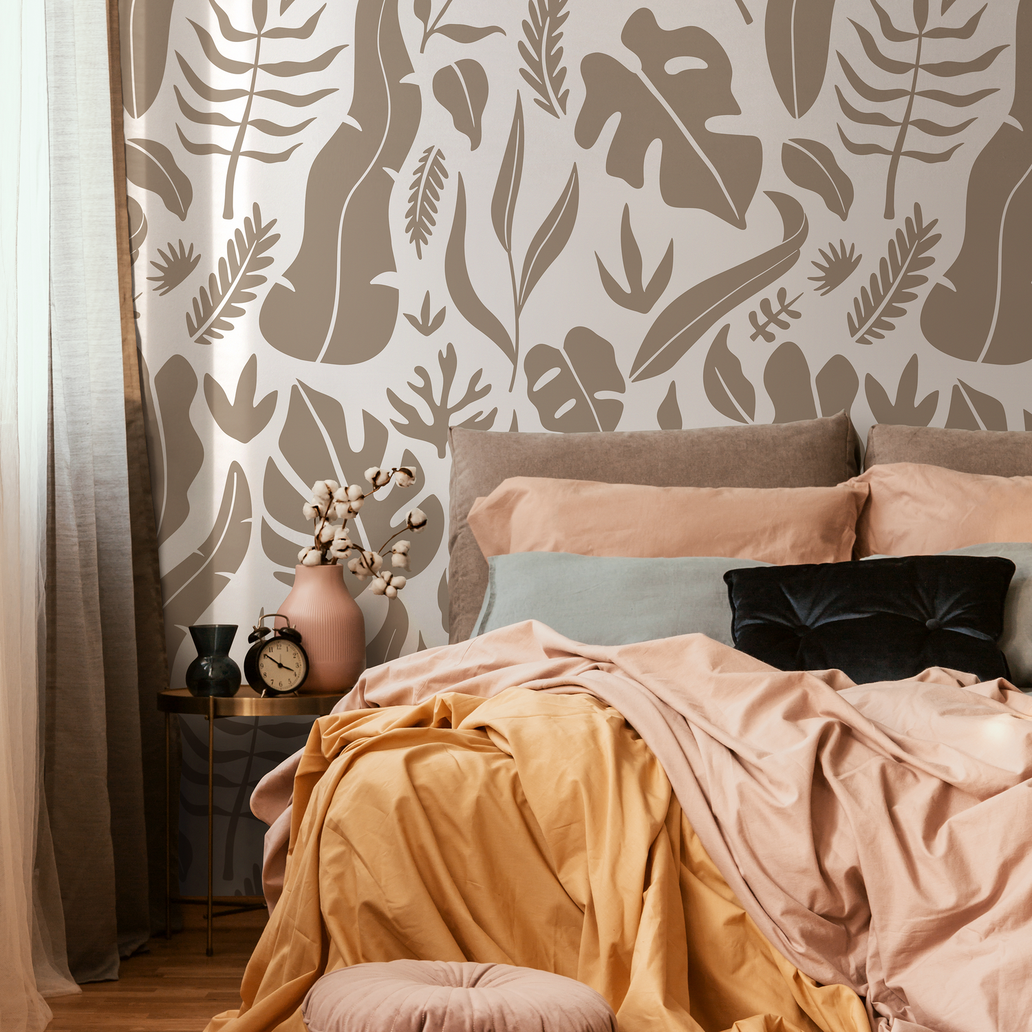 Botanical Wallpaper with Stylized Tropical Leaves in Taupe - C262