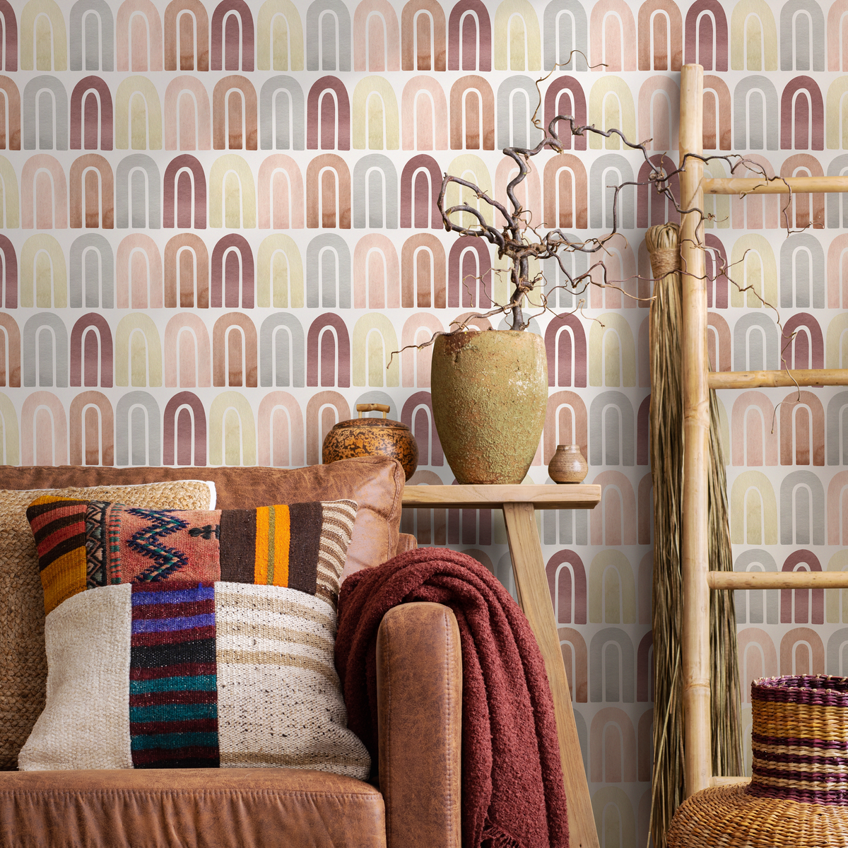 Geometric Wallpaper with Watercolor Arches in Terracotta, Pink, and Yellow - detail view
