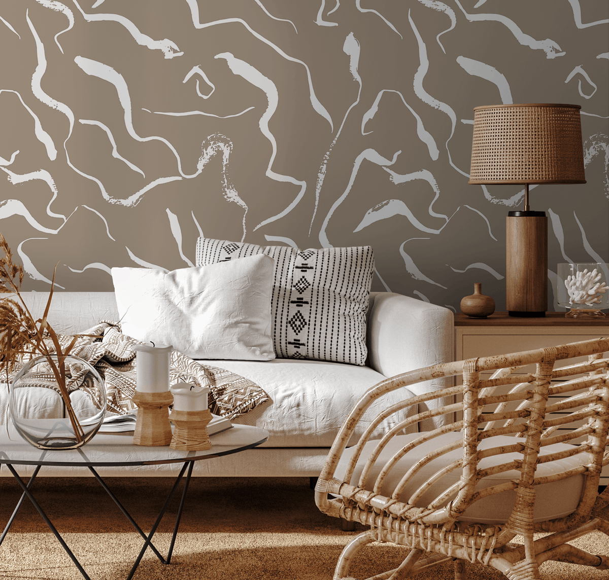 Abstract Wallpaper with Wavy Brush Strokes in Taupe and Off-White - detail view