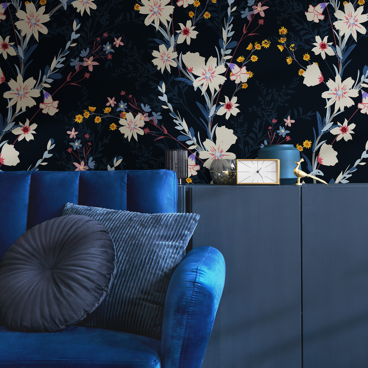Floral Wallpaper with a Moody Wildflower Motif in Dark Blue, Cream, and Yellow - detail view