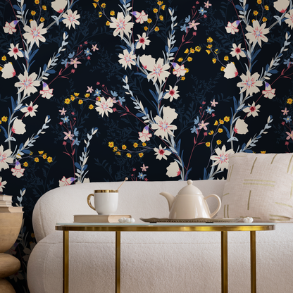 Wallpaper Peel and Stick Wallpaper Removable Wallpaper Home Decor Wall Art Wall Decor Room Decor / Dark Floral Blue Wallpaper - C266