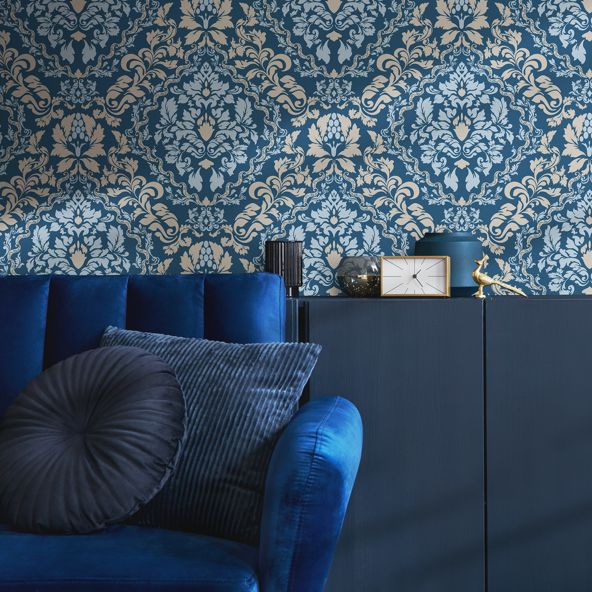 Damask Wallpaper with a Classic Ornate Motif in Blue, Beige, and Light Blue - detail view