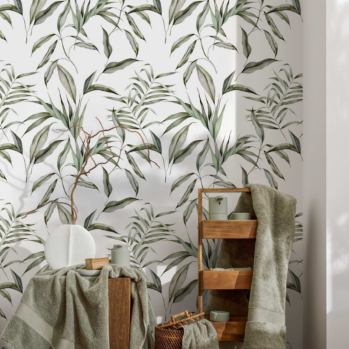 Botanical Wallpaper with Lush Greenery in Green - detail view