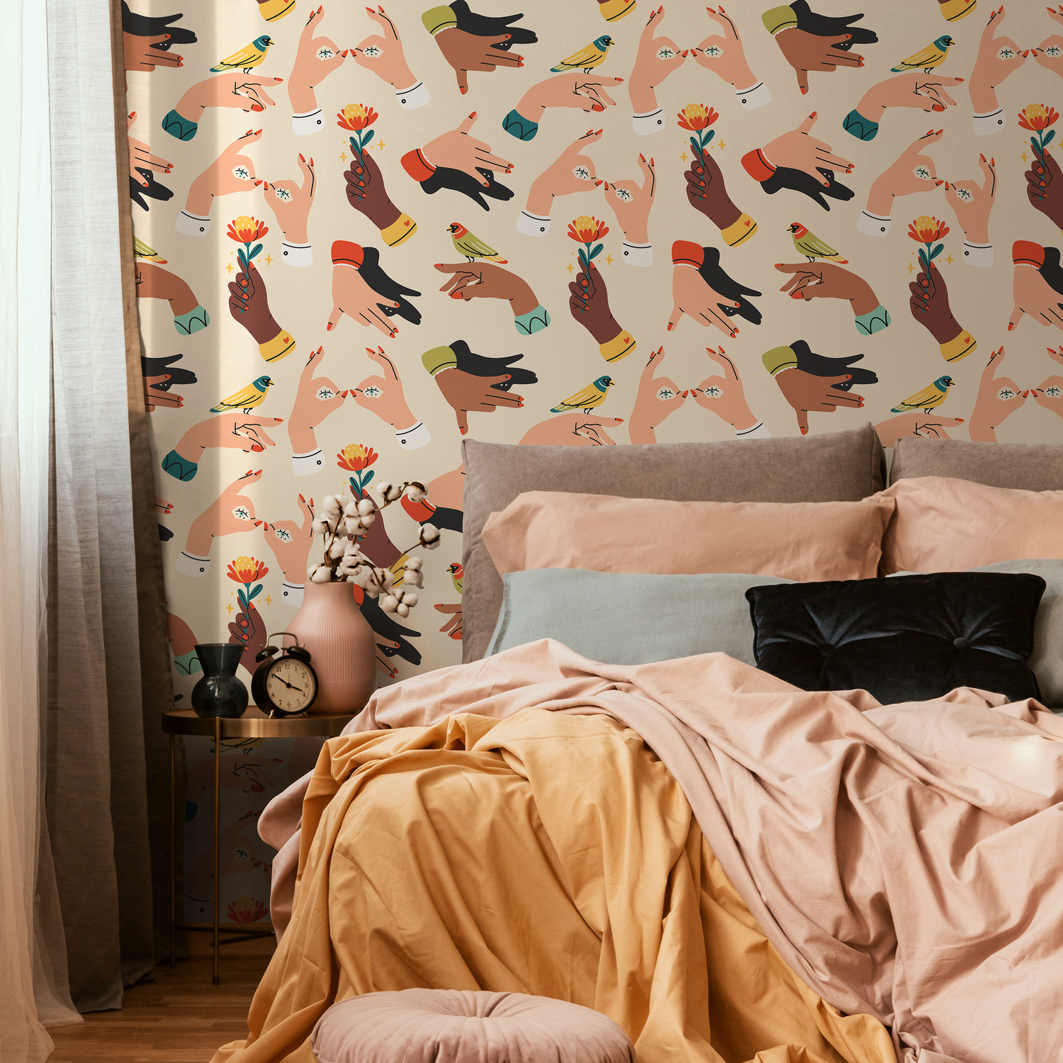 Artistic Wallpaper with Diverse Hand Gestures in Black, Red, and Yellow - C272