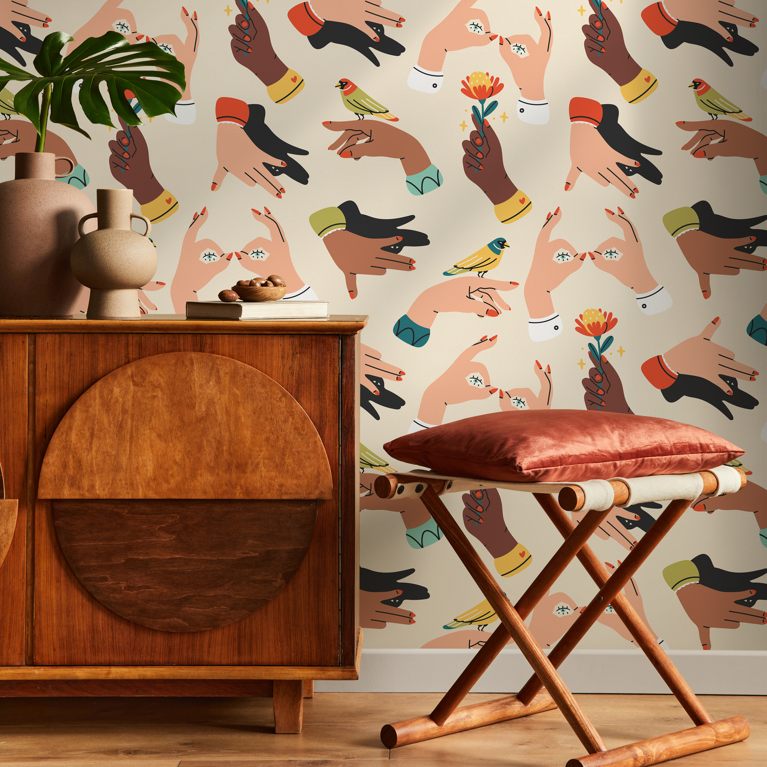Artistic Wallpaper with Diverse Hand Gestures in Black, Red, and Yellow - C272
