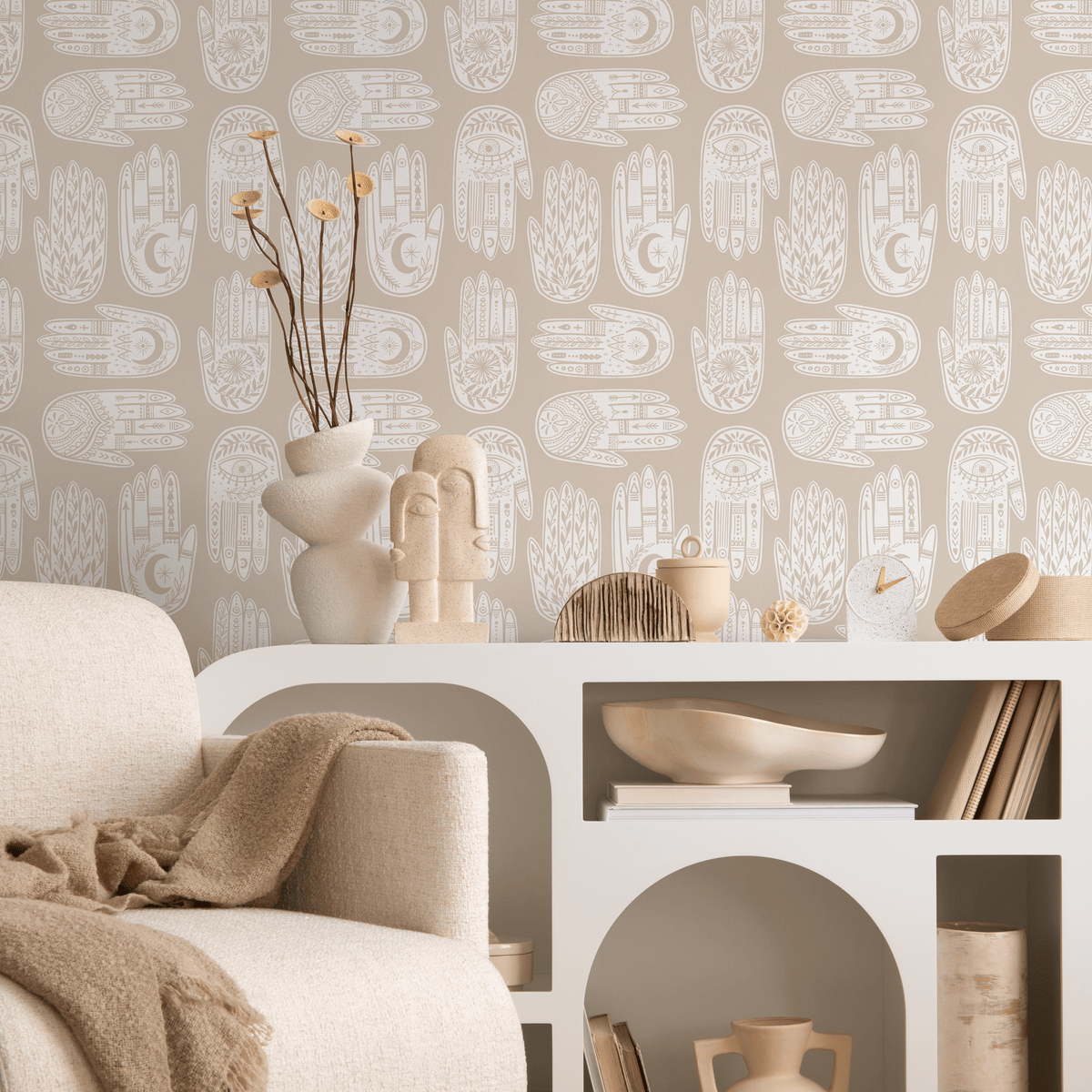Bohemian Wallpaper featuring Hamsa Hand Motifs in Beige and White - detail view