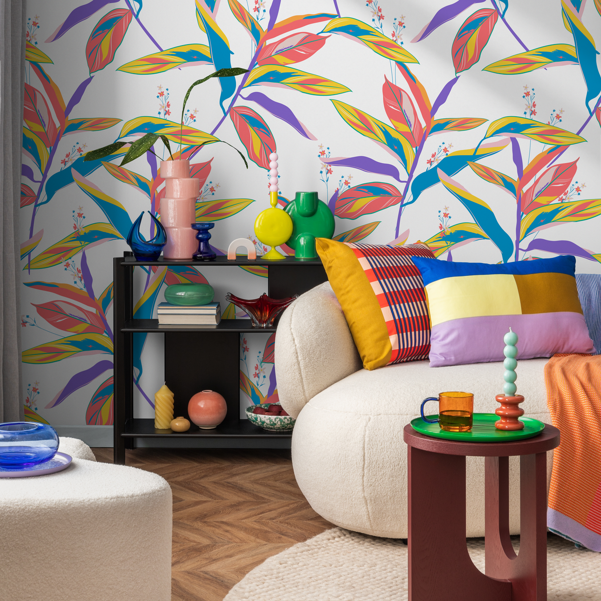 Botanical Wallpaper with Colorful Foliage in Blue, Yellow, and Pink - detail view