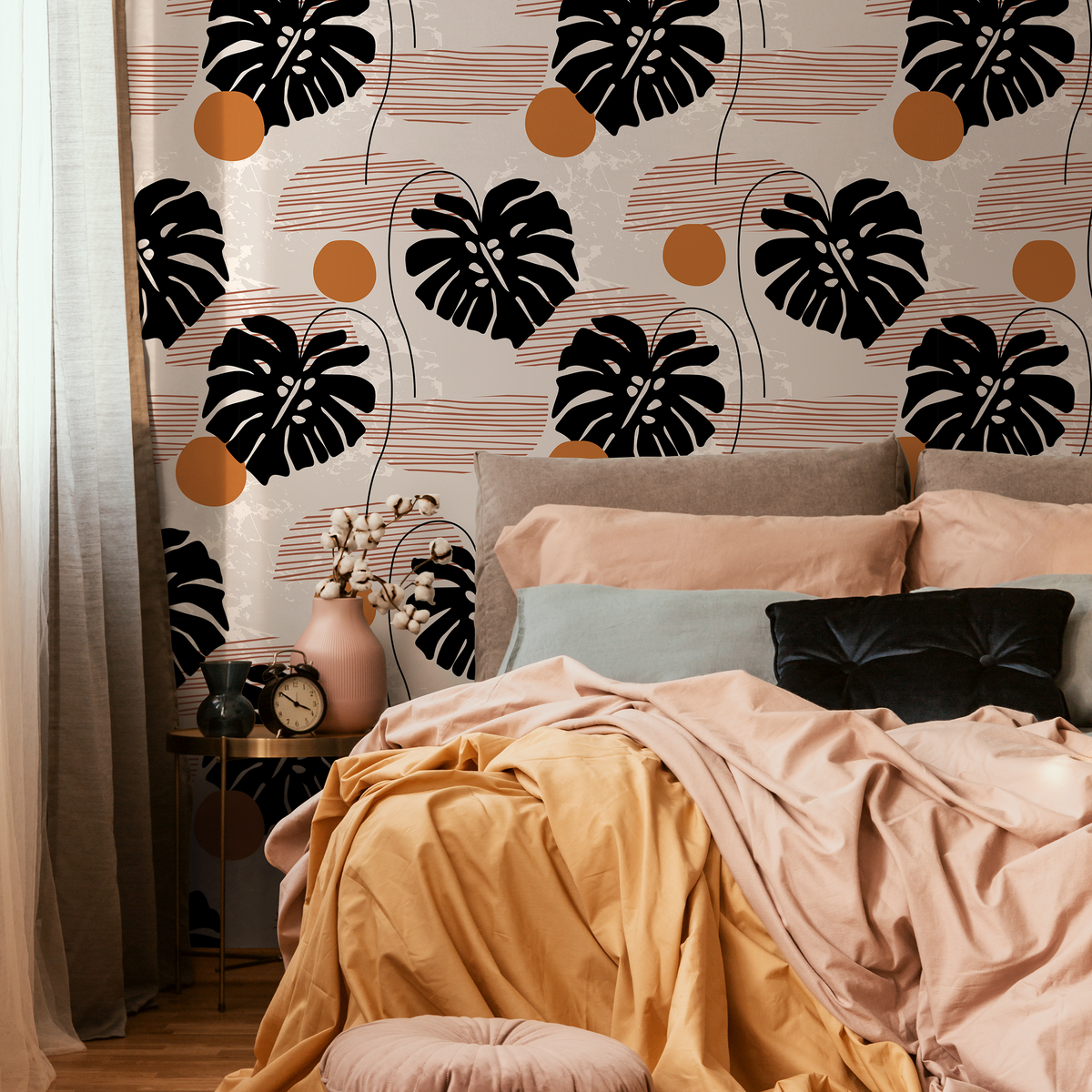 Botanical Wallpaper with Abstract Monstera Leaves in Black and Brown - detail view