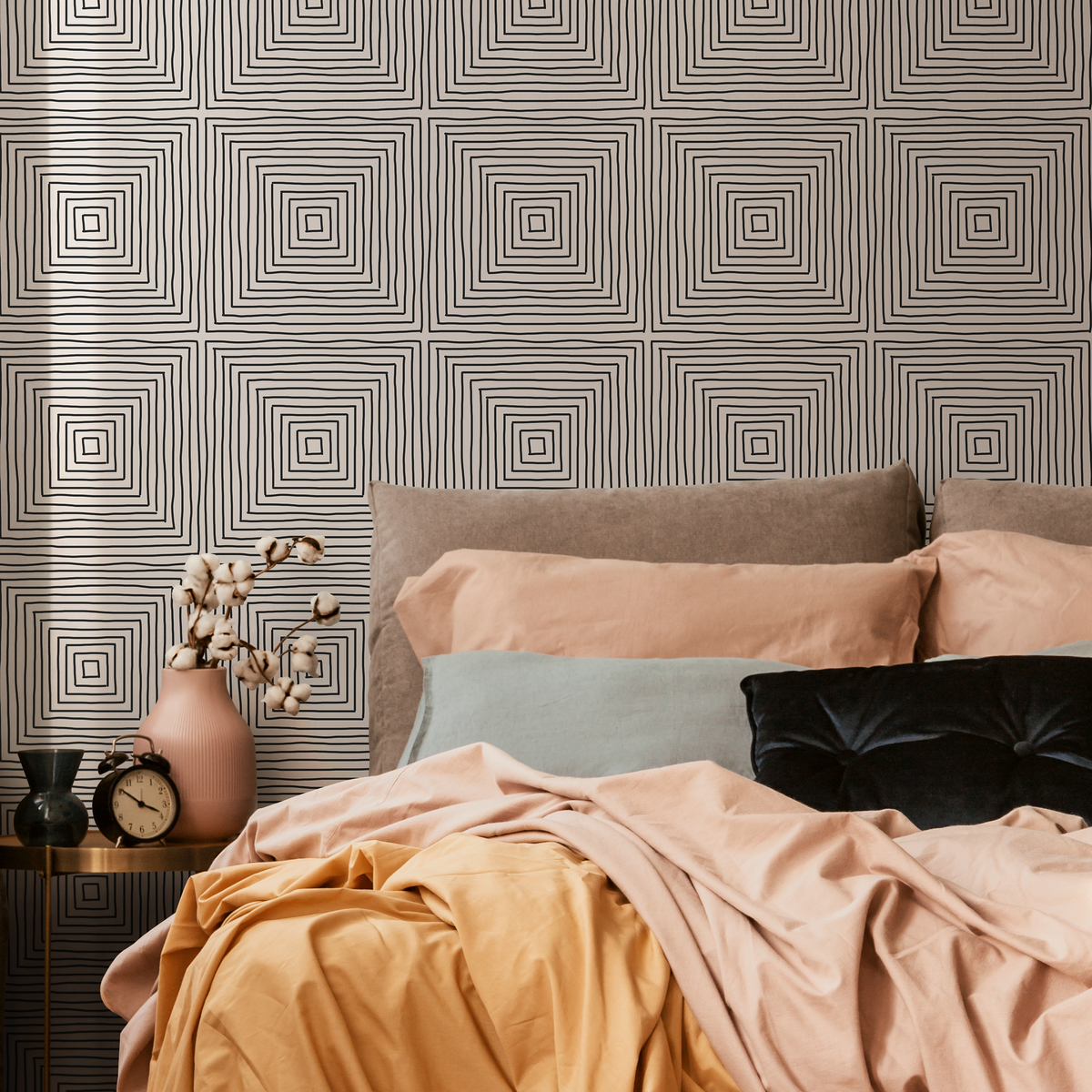 Geometric Wallpaper with Hand-Drawn Squares in Black and Off-White - detail view