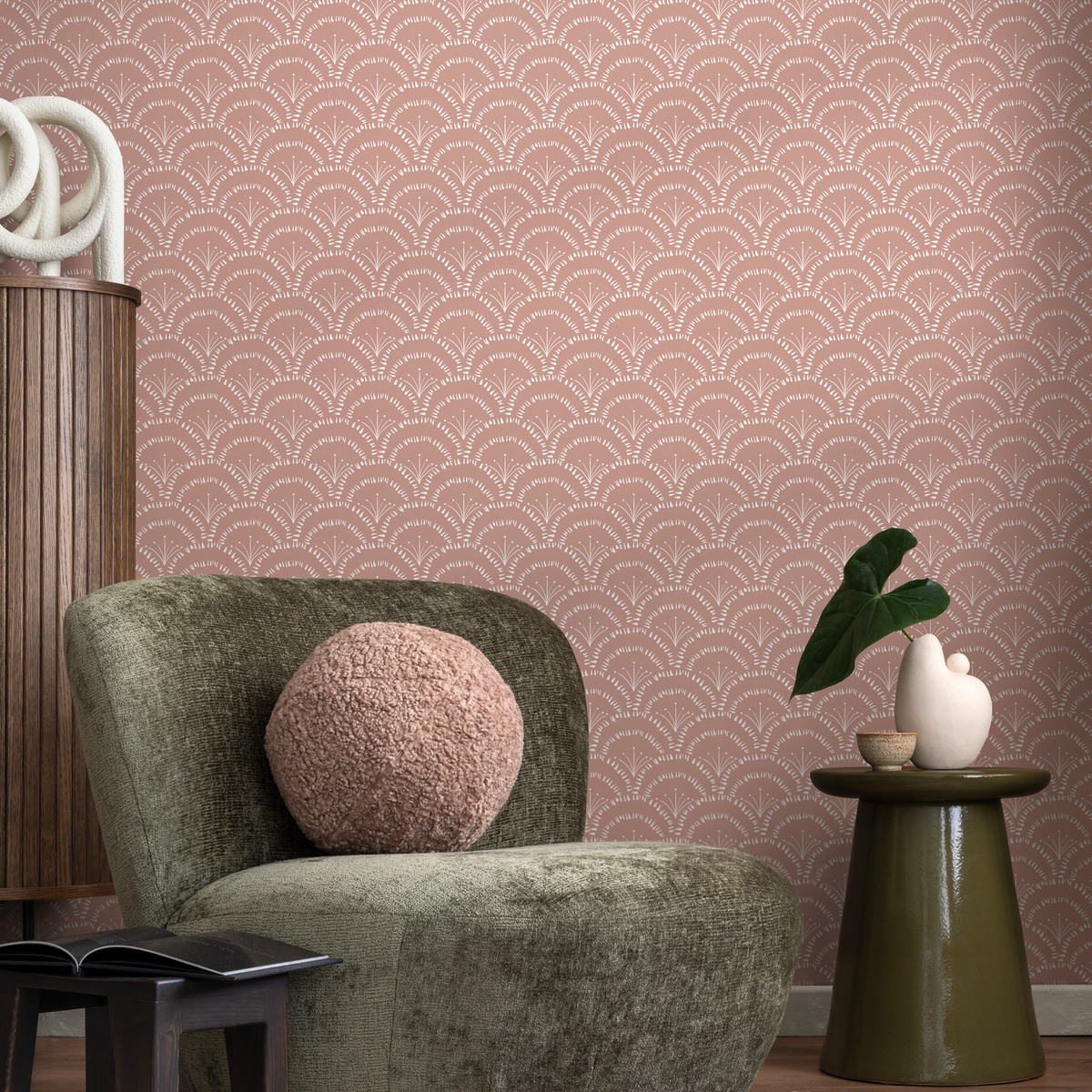 Boho Wallpaper with a Scalloped Fan Motif in Pink and White - detail view