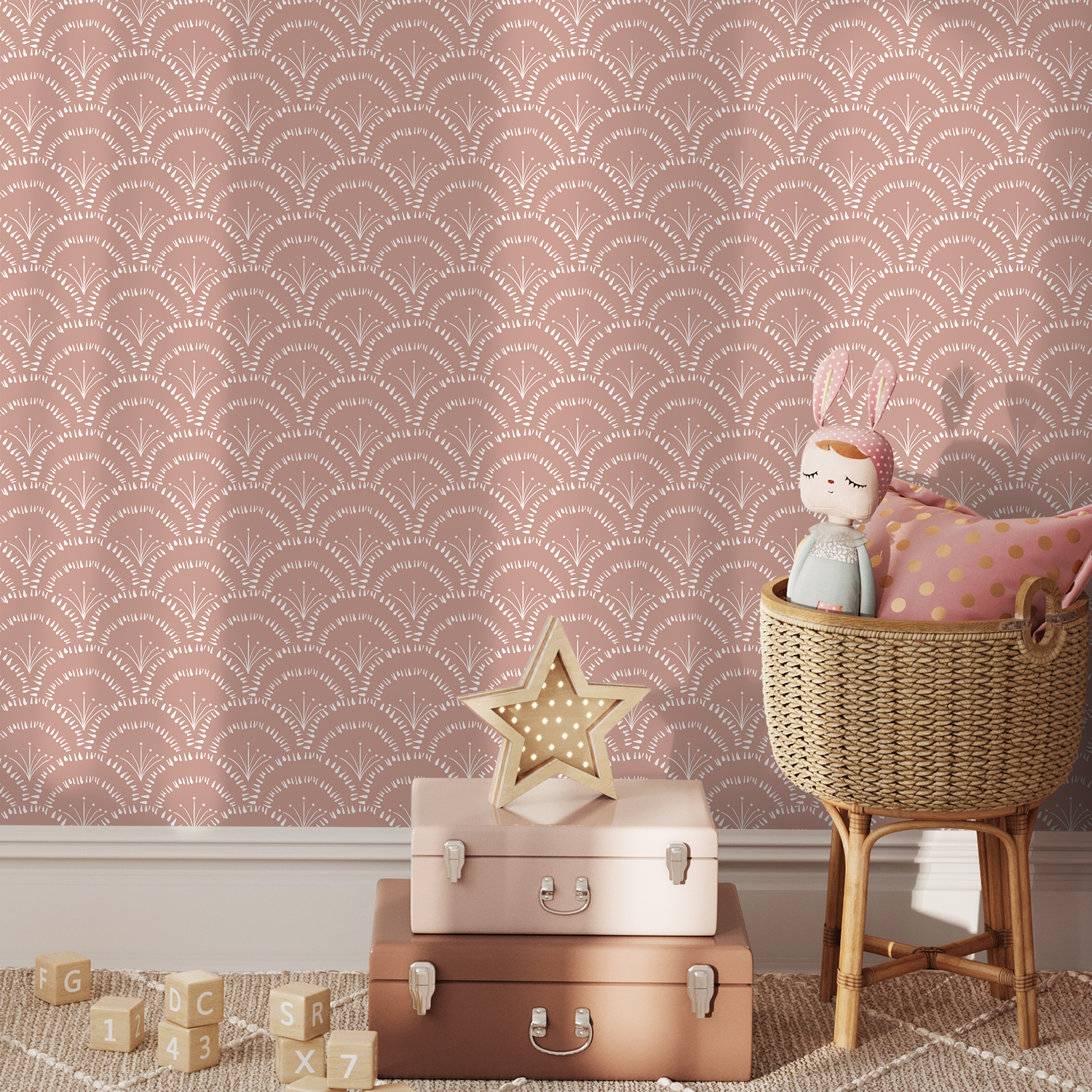 Art Deco Wallpaper with a Scalloped Fan Motif in Pink and White - C279
