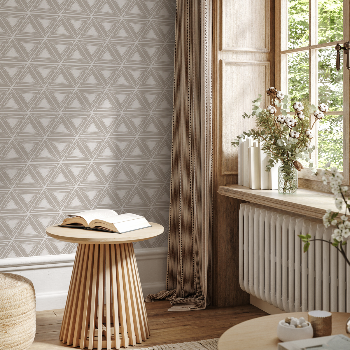 Geometric Wallpaper with a Hand-Drawn Triangle Pattern in Beige and Cream - detail view