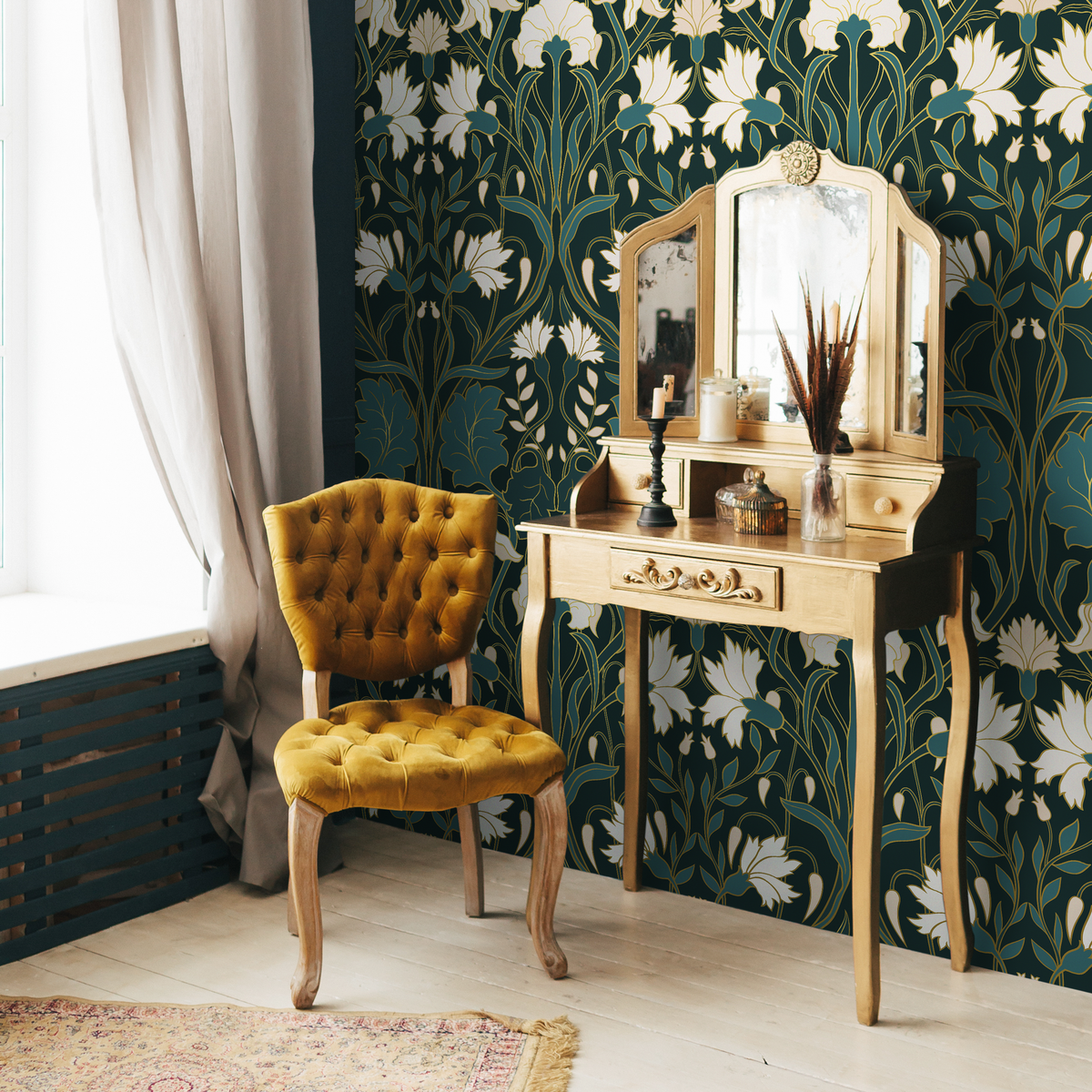 Art Nouveau Wallpaper with Stylized Florals in Green, Cream, and Gold - detail view