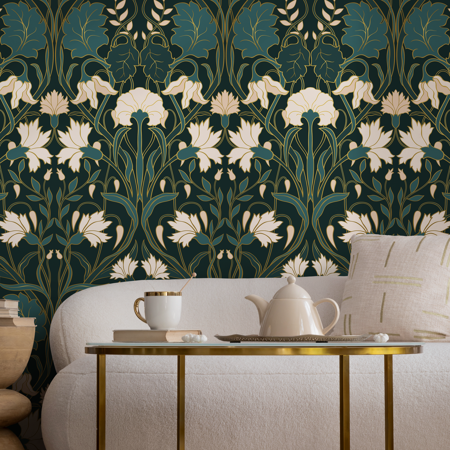 Papier peint Art Nouveau à motifs floraux verts et papier peint traditionnel - C281
